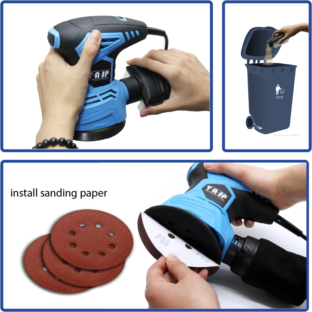 TASP 300W Random Orbital Electric Sander Machine Variable Speed Sanding Tools with Hybrid Dust Canister & 5pcs 125mm Sandpapers electric sander sanding paper