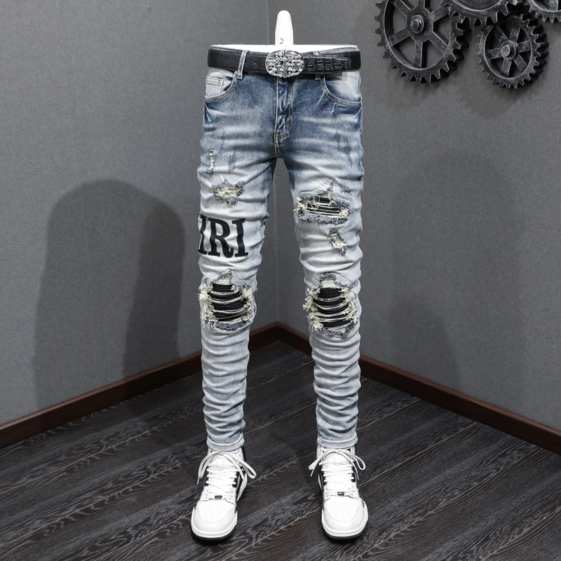 

High Street Fashion Men Jeans Retro Blue Elastic Stretch Skinny Fit Ripped Jeans Men Patches Designer Hip Hop Brand Pants Hombre