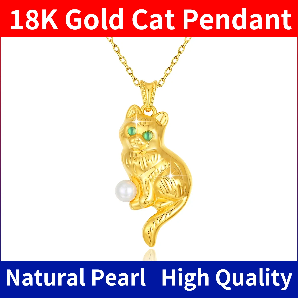 

100% 18k Gold Pearl Necklace With Certificate Cute Cat Pendant Au750 Gold Luxury Jewelry For Women Elegant Wedding Gift New In