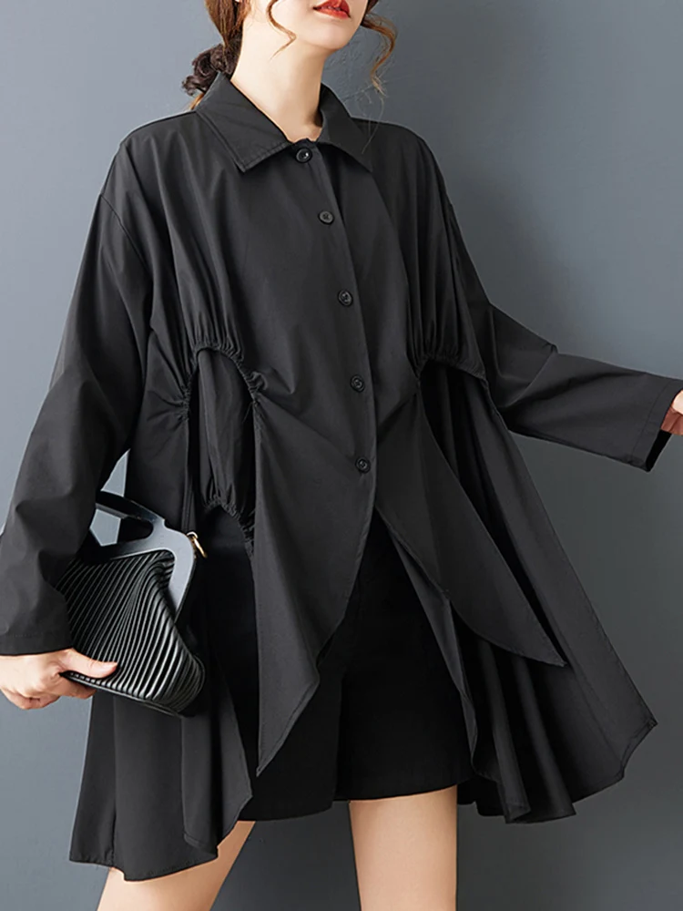 Asymmetrical Black Vintage Shirt Women New Long Sleeve Loose Casual Blouse Top Fashion Personality Clothing Spring Autumn 2025