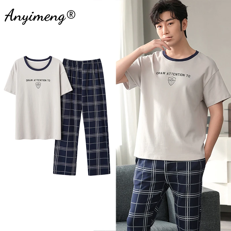 mens cotton pajama pants Mens Fresh Pajamas 3xl 4xl Sleepwear Short Sleeved Long Pants Cotton Leisure Pyjamas for Boy Plaid Pants Men Summer Nightwear mens pajama bottoms Men's Sleep & Lounge