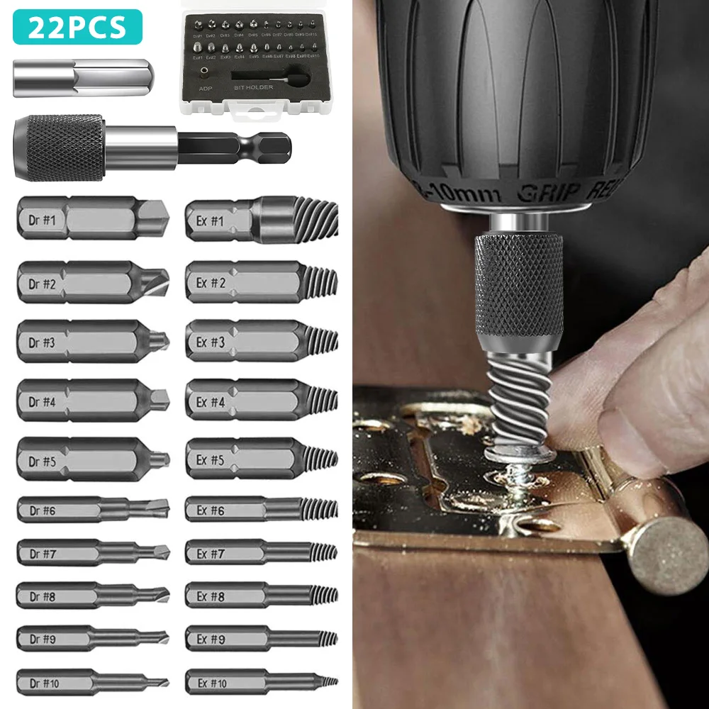 

33/22PCS Damaged Screw Extractor Alloy Extractor Drill Bit Set Broken Drill Bit Stripped Out Easily Take Out Bolt Remover Screws