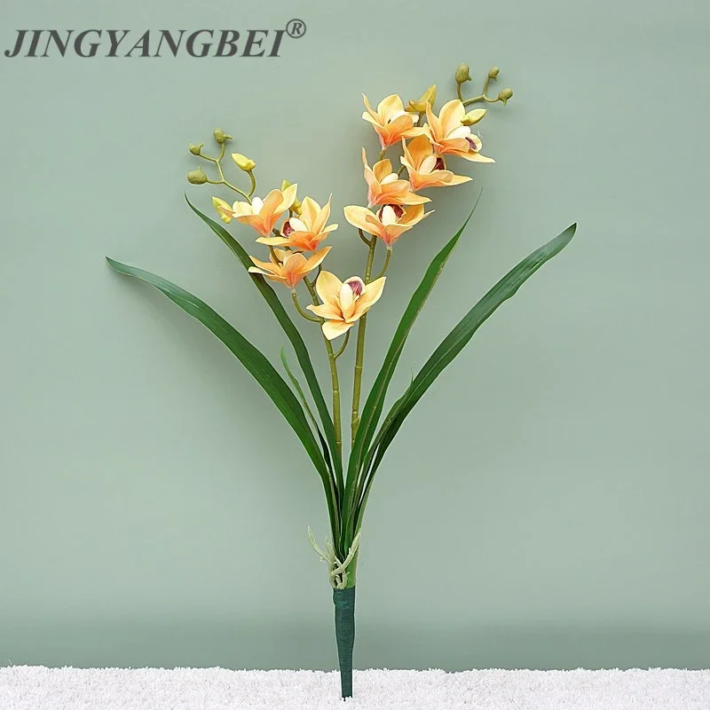 2 Forchette Orchid Artficial Flower Real Touch Cymbidium Orchid Bouquet Con Foglie Finte Wedding Home Chritmas Garden Decoration