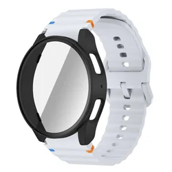 Premium Silicone Watch Strap with Protective Case and Screen Protector Bumper Cover - Watch 5 4 FE - 44mm (Light grey - black)