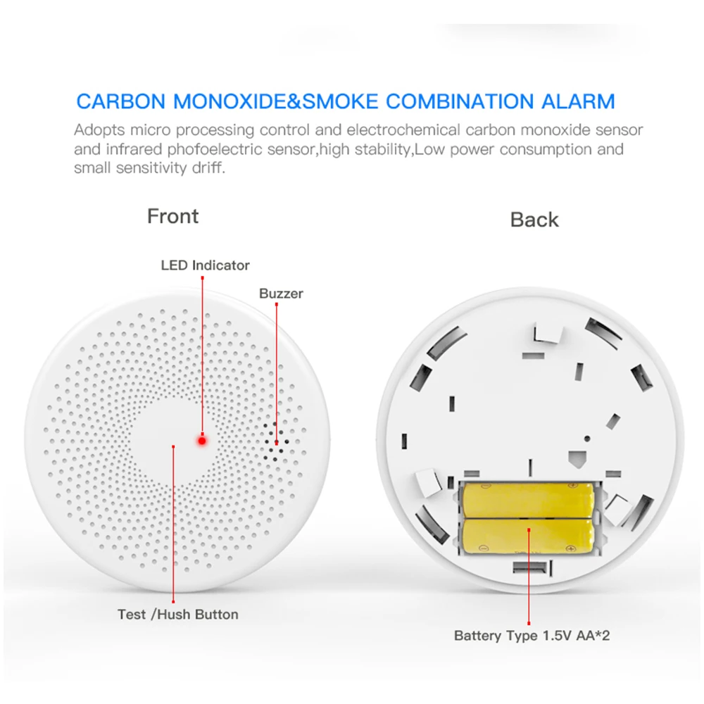 CPVAN 2 in 1 Smoke Carbon Monoxide Detector WiFi Tuya And Smart Life Co Fire Sensor Combination Alarm