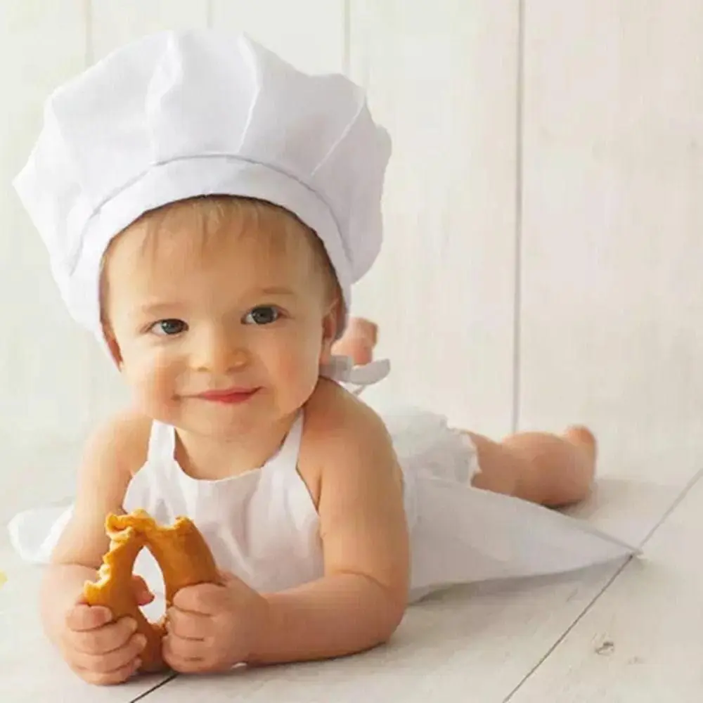 White Cotton Chef Soft Hat Apron Infant Photo Clothes Baby Costume Photo Accessories Newborn Photography Props