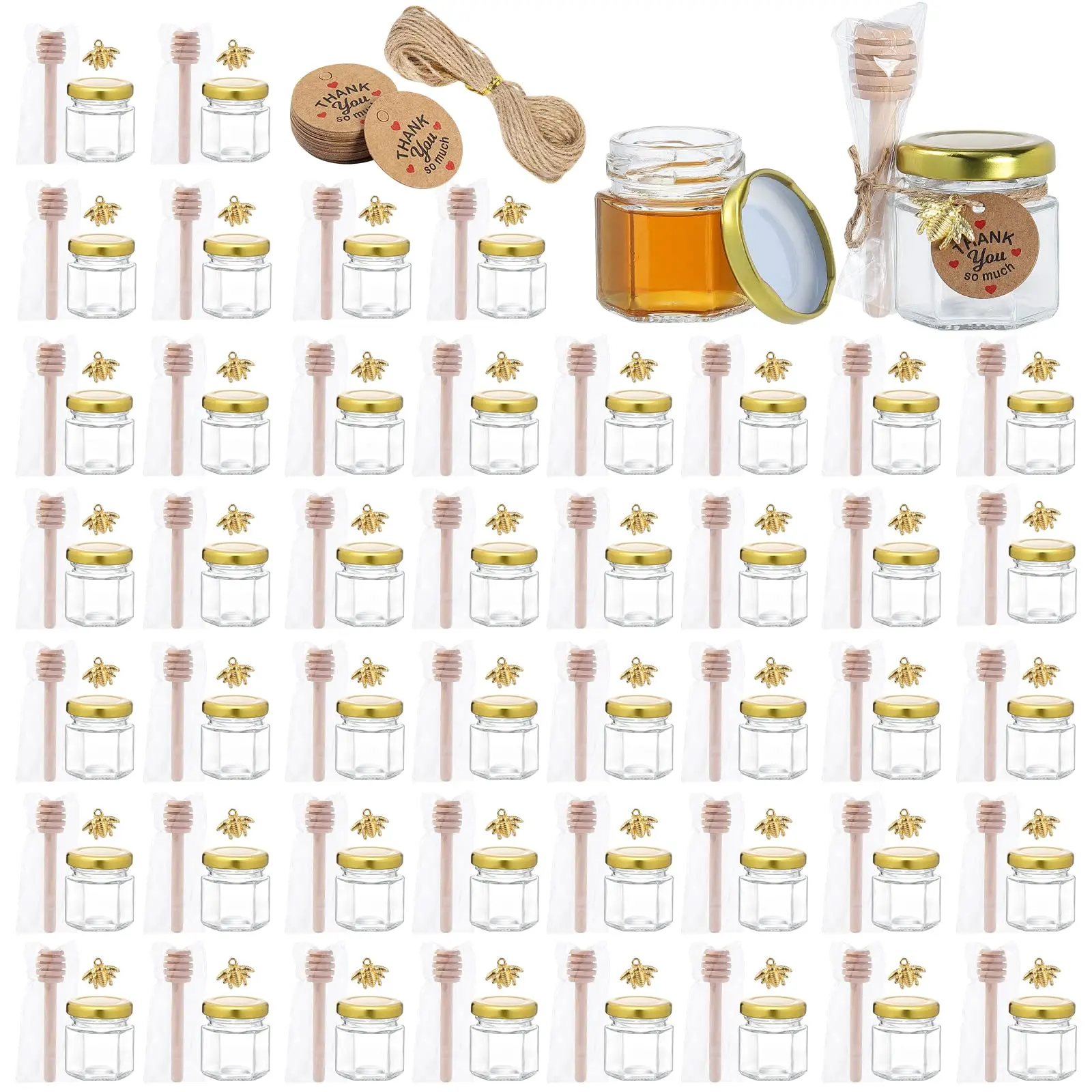 

1.5oz-60Pcs Mini Hexagonal Glass Honey Jar Small Honey Jar with Honey Stick, Bee Charm, Thank You Card, Honey Jar with Gold