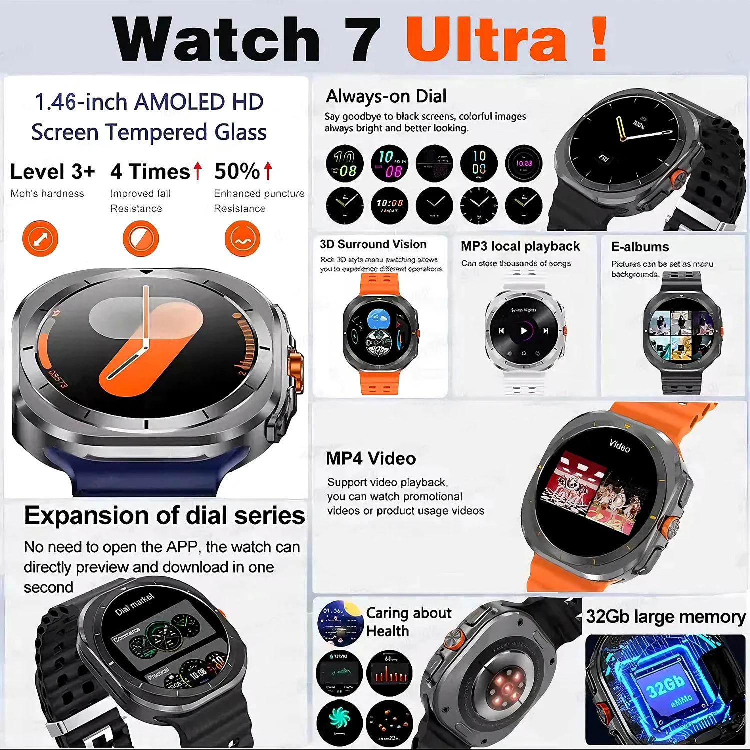 2025New DT Watch Ultra Smart Watch 32Gb Memory Local Music Bluetooth Call Compass 3D Menu Wireless Charging Series 7 Smartwatch