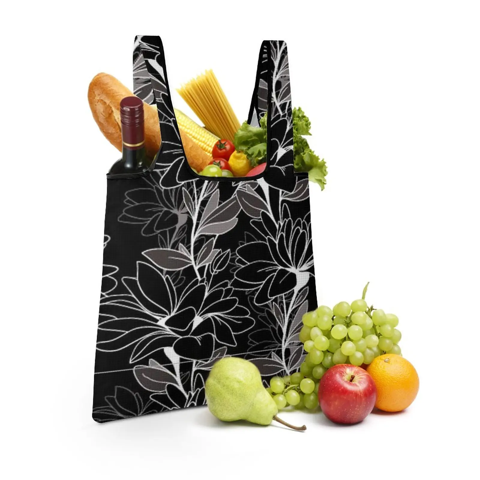 Black Elegant Full Print Handbag Portable Shopper Bag Reusable Portable High Capacity Travel Totebag All Print DIY Design