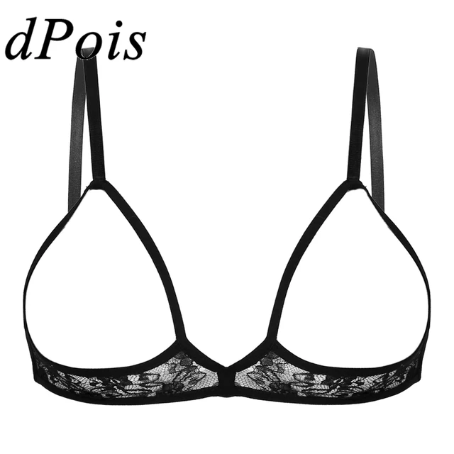 Womens Sheer Floral Lace Open Cups Bra Wireless Bra Adjustable