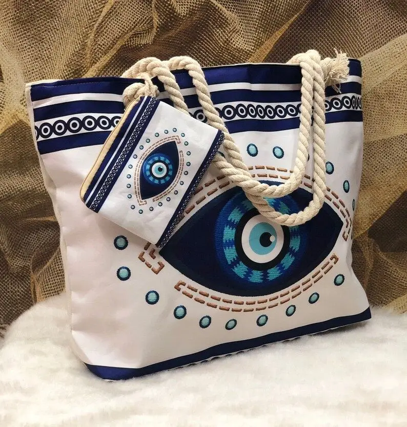1pcs Evil Eye Women's Beach Bag Polyester Large Capacity Tote Shoulder Bag Customizable Logo Seaside Travel Bag