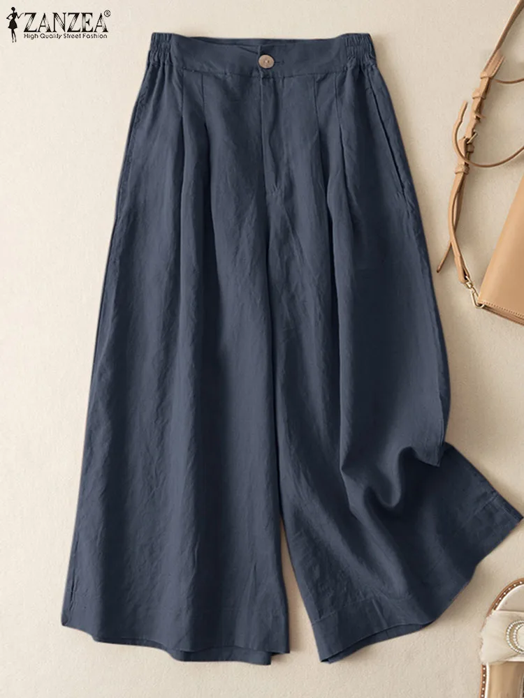 

ZANZEA Women Wide Leg Pants Vintage Trousers Ankle Length Spring Autumn Casual Solid Loose Long Pants Elastic Waist Pantalon