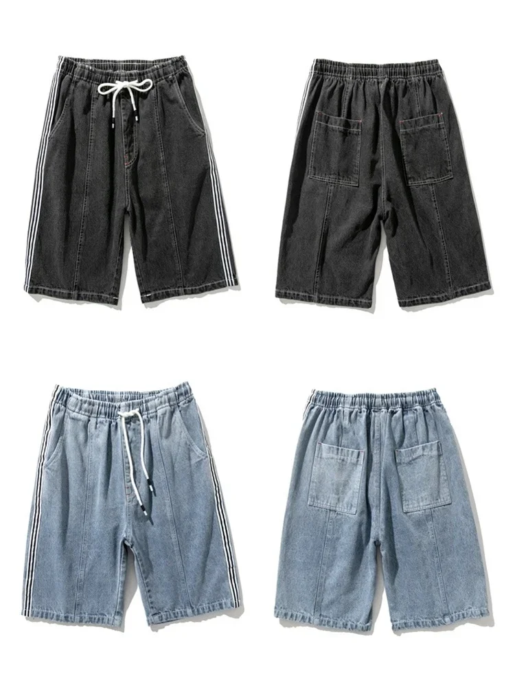 EH · MD® Oversized Loose Denim Shorts Men's Mid-length Pants Summer Thin Style Plus Fat Elastic Band Waist Pants Line Decoration