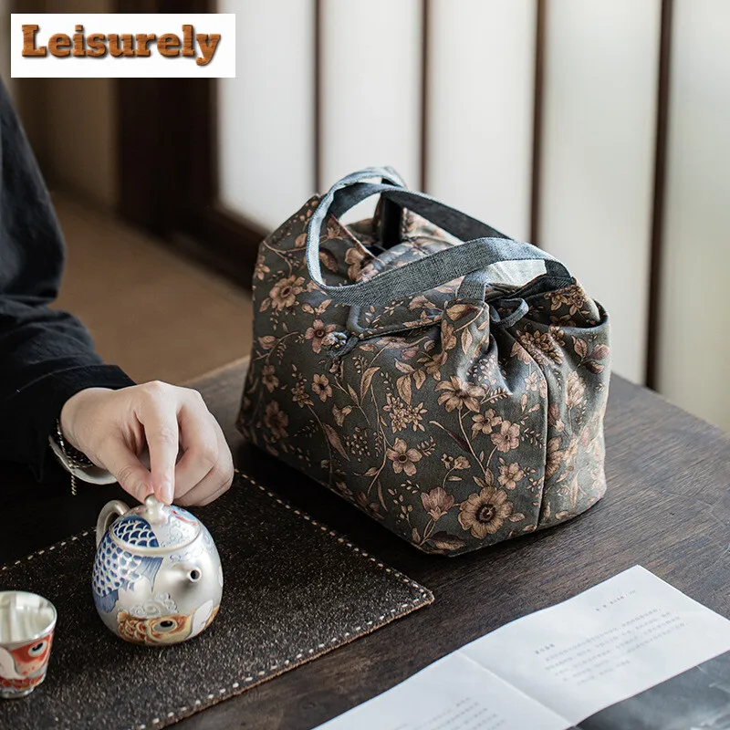 Small Floral Fabric Tea Service Bag Portable Travel Teaset Storage Hoppocket Outdoor Camping 1 Pot 4 Cups Anti Knock Cozies Gift