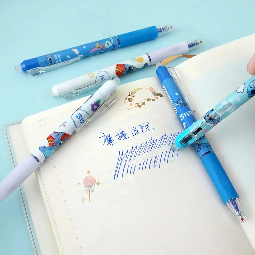 12pcs Lilo and Stitch Neutral Pen Disney Cute Stationery Erasable 0.55mm Blue Signature Pen Office Supplies Tools Wholesale Toys