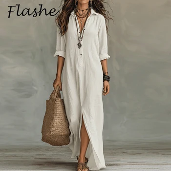 Summer Turn Down Collar Button Long Sleeve Long Dress Women Casual Loose Split Up Beach Holiday Dress White Maxi Dresses Boho 1