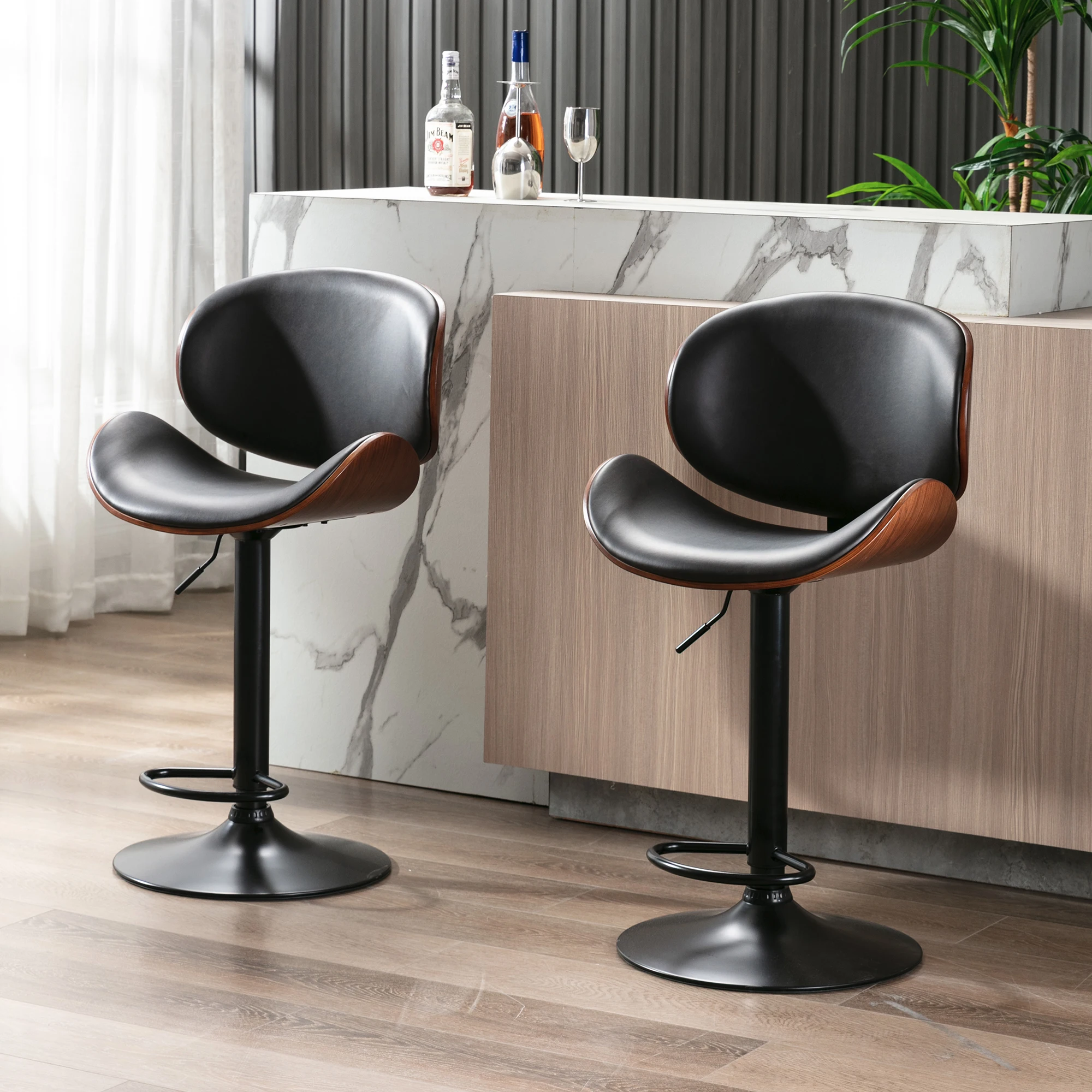 

2Pcs Height Adjustable Bar Stools PU Leather Cushion Counter Barstools Walnut Bentwood Upholstered Swivel Bar Chair[US-Stock]