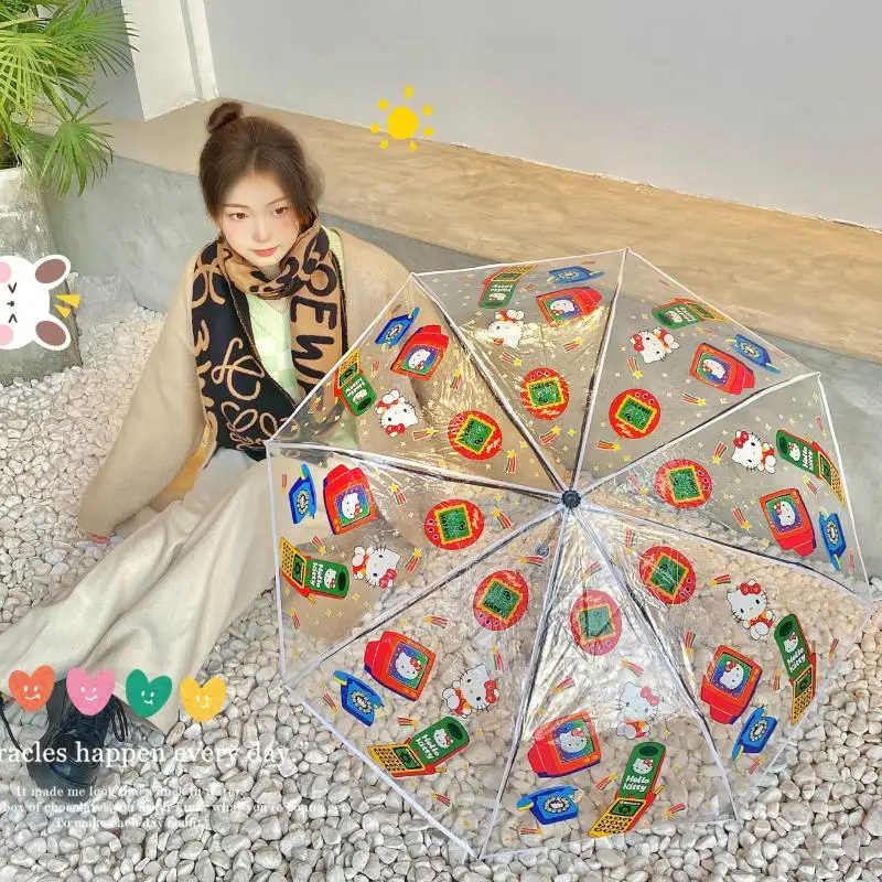 

Hello Kitty Automatic Umbrella Kawaii Sanrio Cute Anime Toys Stitch Transparent Pattern Student Reinforced Umbrella Girls Gift