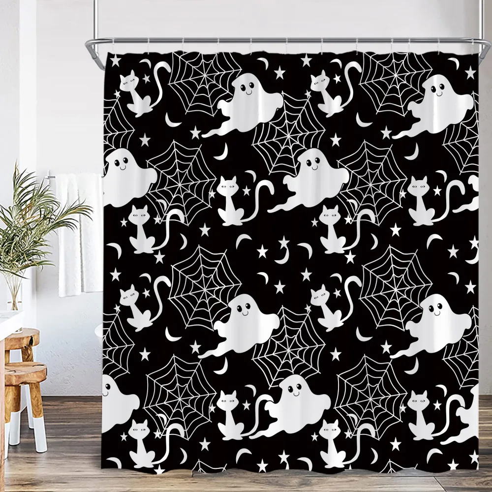 Fitumiw Halloween-Duschvorhang Mit Kürbis & Geistern – 180x180 Cm, Wasserdicht, Inkl. 12 Haken