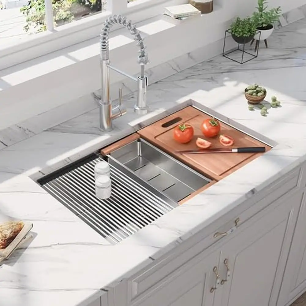32" Stainless Steel Workstation Single Bowl Undermount Kitchen Sink Kit Cutting Board Colander Drying Rack Grid Drain Assembly 6