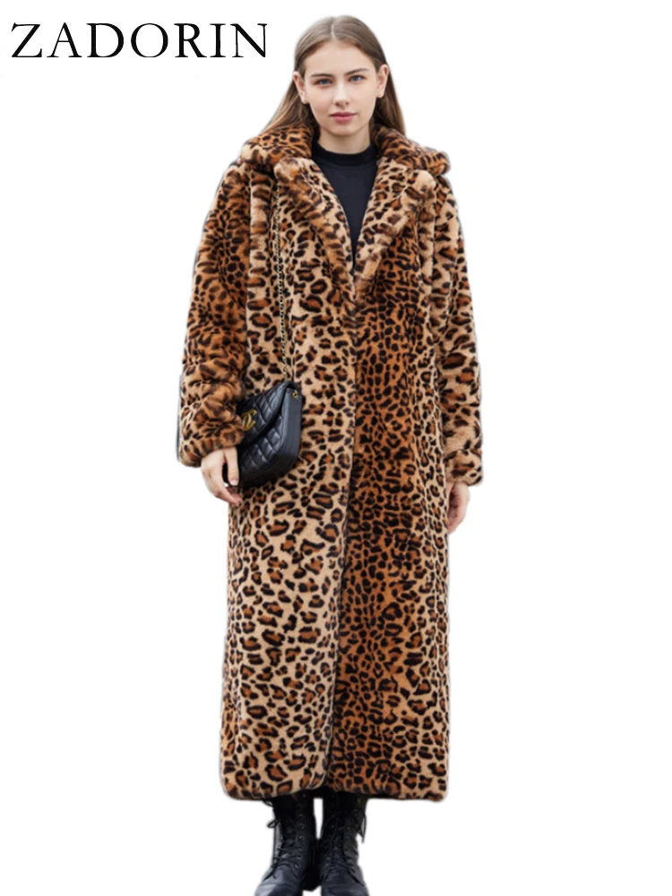ZADORIN High Street Leopard Print Long Faux Fur Coat Fluffy Jacket for  Women Winter Faux Rabbit Fur Trench Coat Plush Jackets