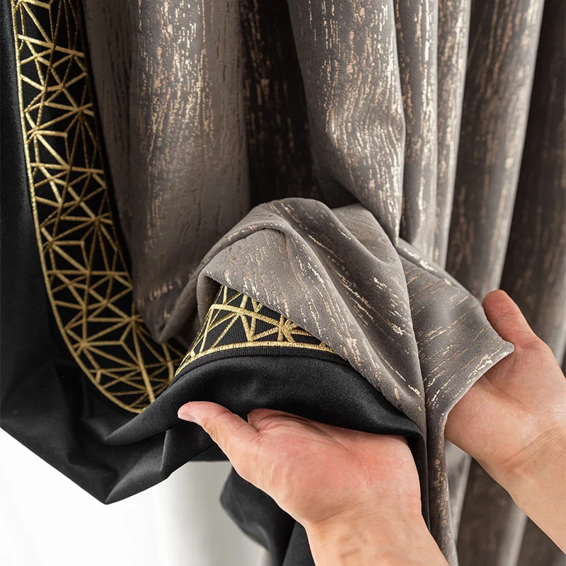

European Velvet Blackout Grey Luxury Curtains for Living Room Tulle Vintage Golden Lace Stitching Bedroom Custom Dining Room
