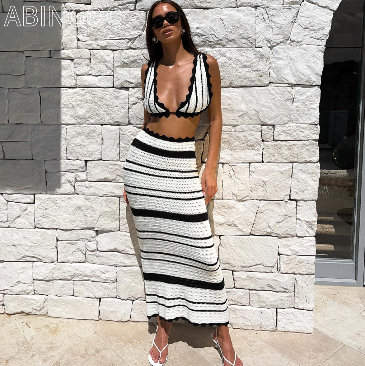 ABINGOO Summer Knitted Beach Skirt Sets Women Sexy Backless Strap Lace Up Bra Top Fashion Striped Holiday 2PC Set Lady Outfit