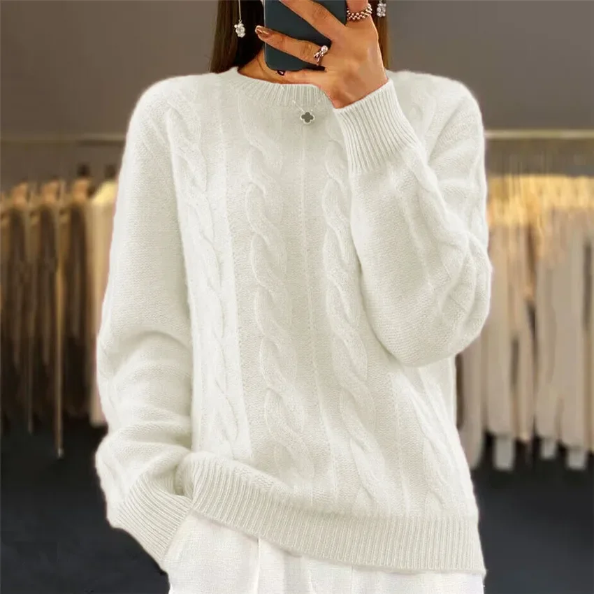 

202 Spring Knitting Women's Sweater White Long Sleeve O-neck Twisted Loose Sweaters Female Spring Trendy Casual Ladies Clothes