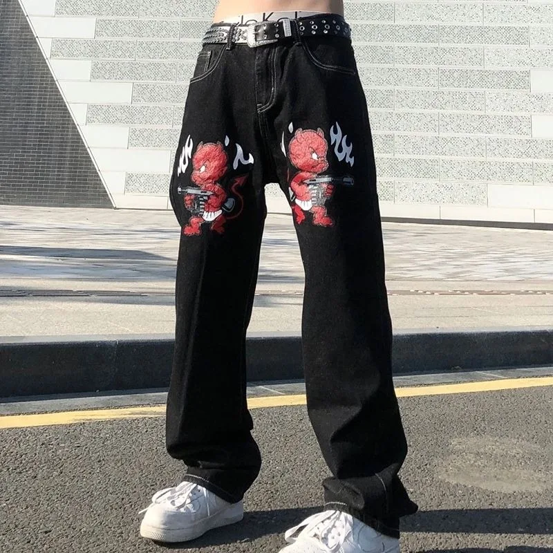 

Vibe High Street Jeans Men's American Retro Fashion Little Devil Print Trousers Straight Loose Hiphop Streetwear Denim Pants