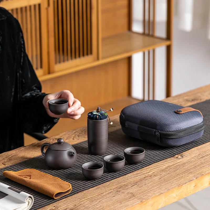 Tea Set Purple Sand Travel Teaware Set One Pot Four Cups Portable Crack Cup Kung Fu Tea Set Chinese Purple Sand