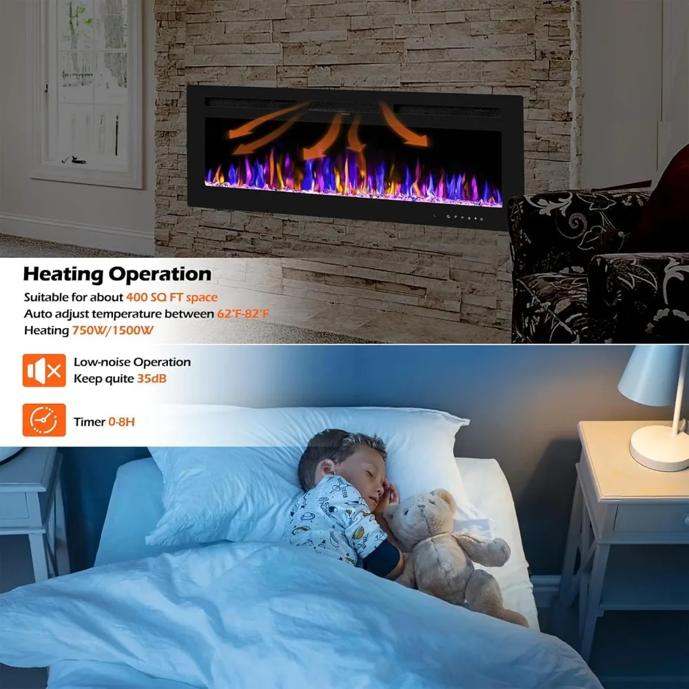 50 Inch Electric Fireplace, Wall Mounted/Recessed, Remote Control, Adjustable Flame & Heat, Low Noise 45dB
