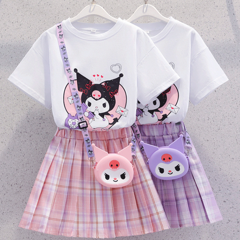 Sanrio Children's Suit For Girls Summer Cute Short Sleeve Tshirt + Pleated Skirt 2 PC Sets Casual Outfit Baby Kids Clothing