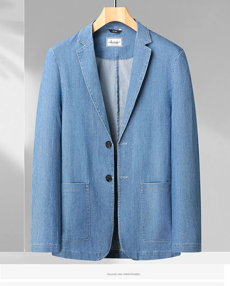 Hochwertige Herren-Baumwollblazer-Jeansjacken 2026 Frühling Herbst Lässige Oversize Blaue Anzugjacken Oberbekleidung Locker Sitzende Einfarbige Oberteile Jeans – Detail 9