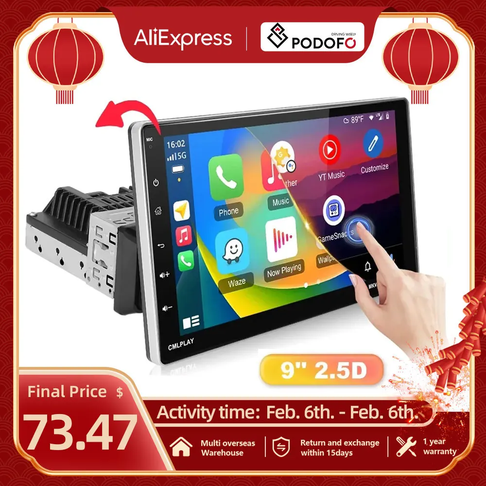 Podofo Autoradio 9 ''1Din Android 13 Carplay Android Auto Car Multimedia Player Bluetooth Wifi Radio Fm Per Universale