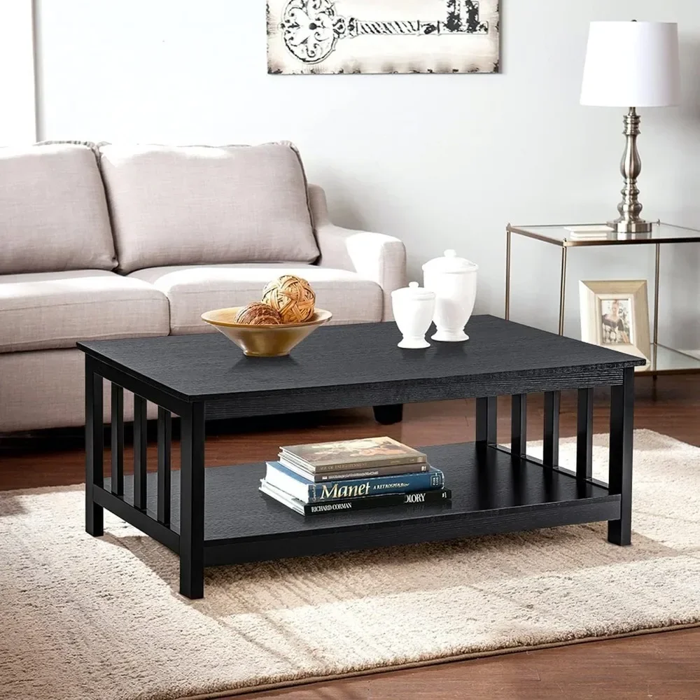 

Coffee Table, Black Wood Living Room Table with Shelf, Black, Make up from Hardwood Solids and Manufactured Wood