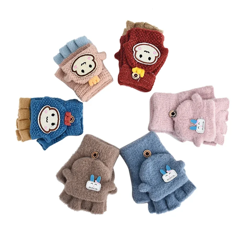 Baby Winter Gloves Boys Girls Knitted Fingerless Mittens Children Half Finger Flip Cuff Mittens Toddler Warm Gloves 1-6 Years