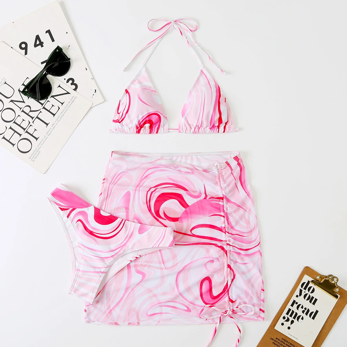 3 Pieces Bikini Set With Skirt  Tie Dye String Thong Bathing Suit Women Swimsuit Female  Swimwear Beach Wear Swim Lady Summer pink bikini set