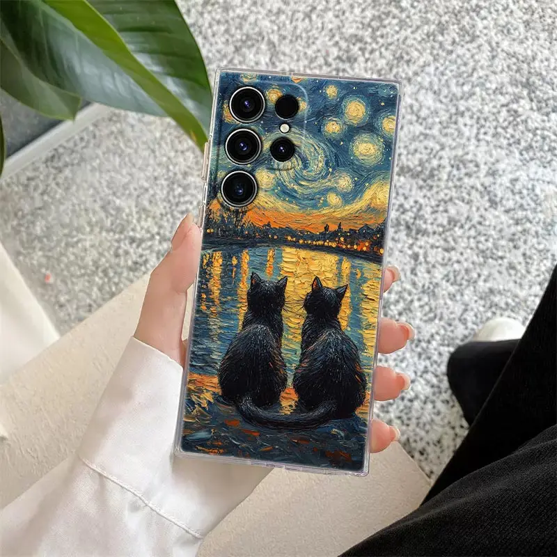 Cat Van Gogh Starry Night Oil Painting Clear Phone Case