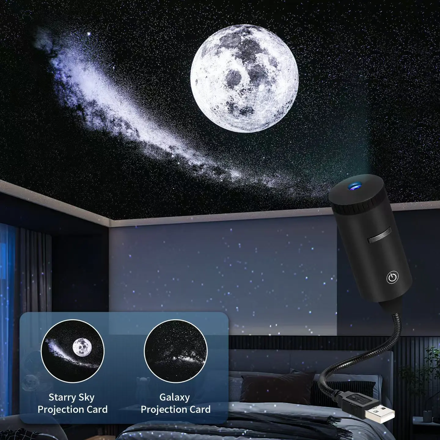 USB 차량용 스타 프로젝터 야간 조명 갤럭시 문 램프 360 ° 유연한 호스 플러그 앤 플레이 스타리 스카이 분위기 조명 (자동차/침실용)