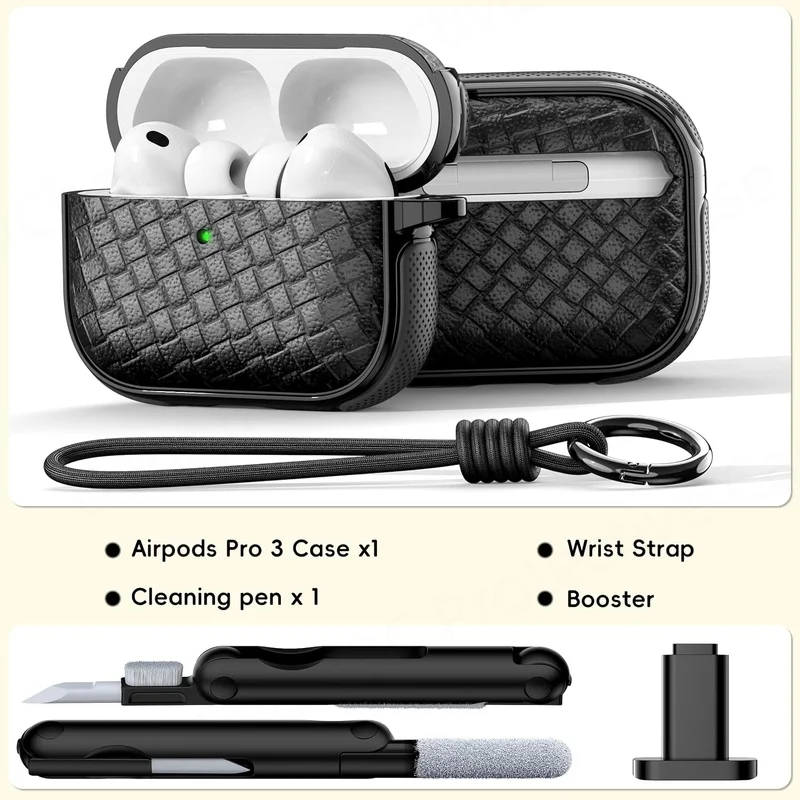 Woven Leather Texture Headphone Case with Lanyard, Non-Slip Earbuds Holder