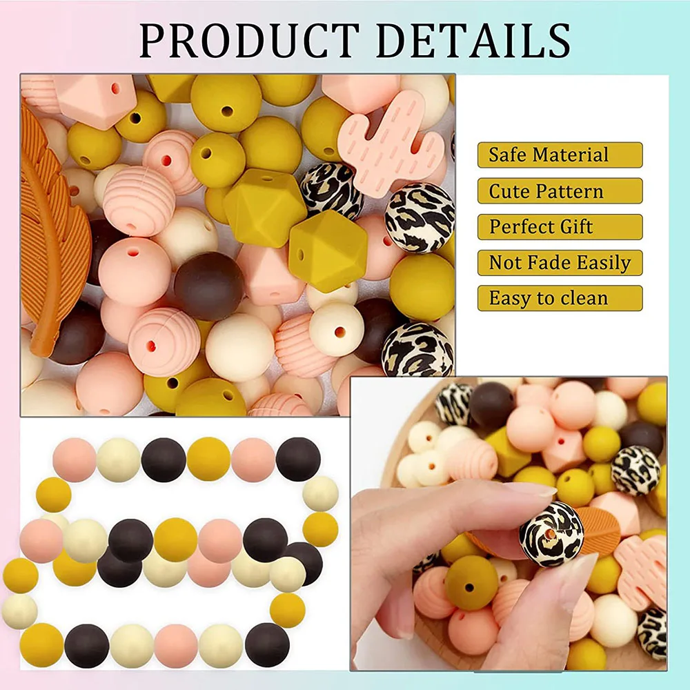 92pcs Silicone Loose Beads for Keychain DIY Silicone Beads Round Rubber Beads Polygonal Star Beads Making Kit for Bracelet