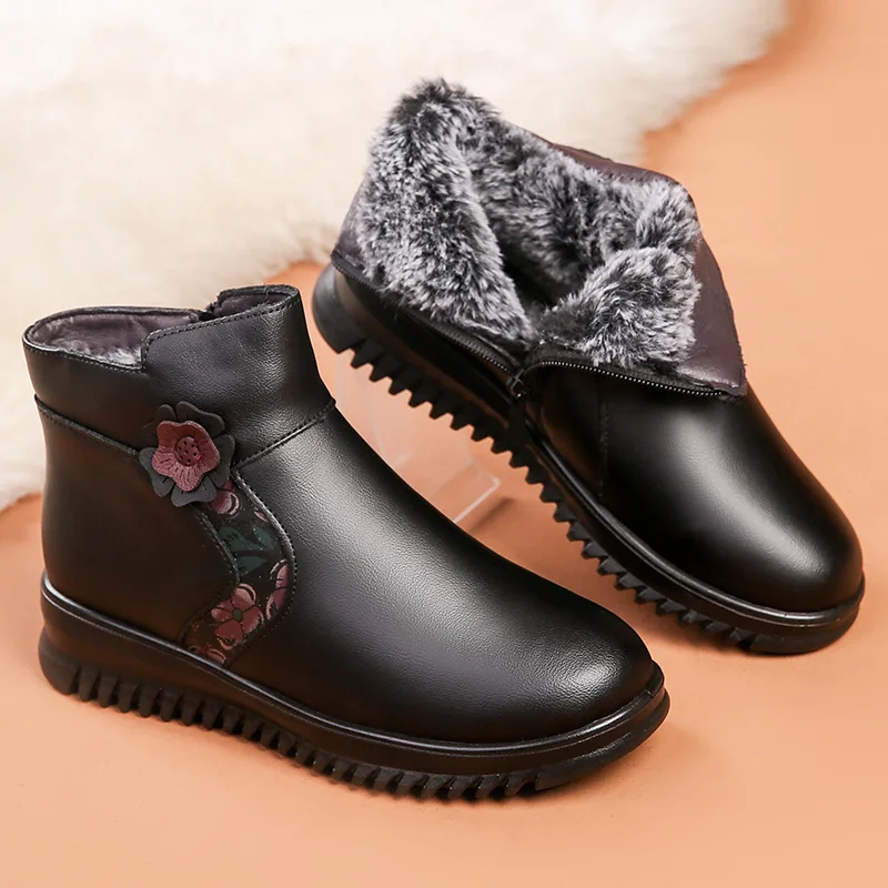 AUNTHUI Women's Leather Fleece Lined Ankle Boots - Waterproof Wedge Snow Boots, Side Zipper, Non-Slip, Comfortable