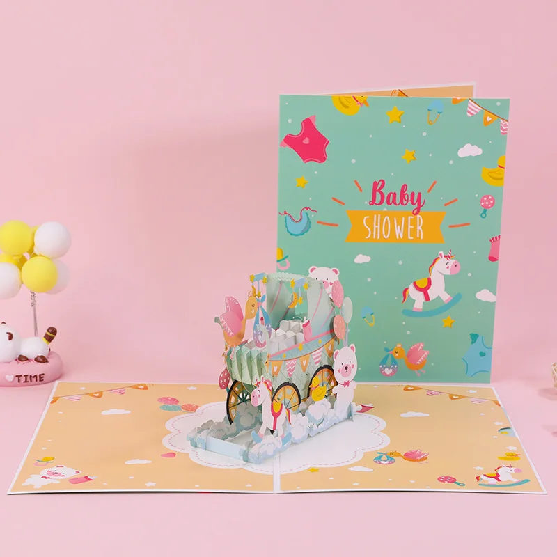 3D Pop Up Baby Shower Greeting Cards Birthday Thanks Card Cartoon Postcard Handmade Holidy Wishes Gifts To Baby Or Friend