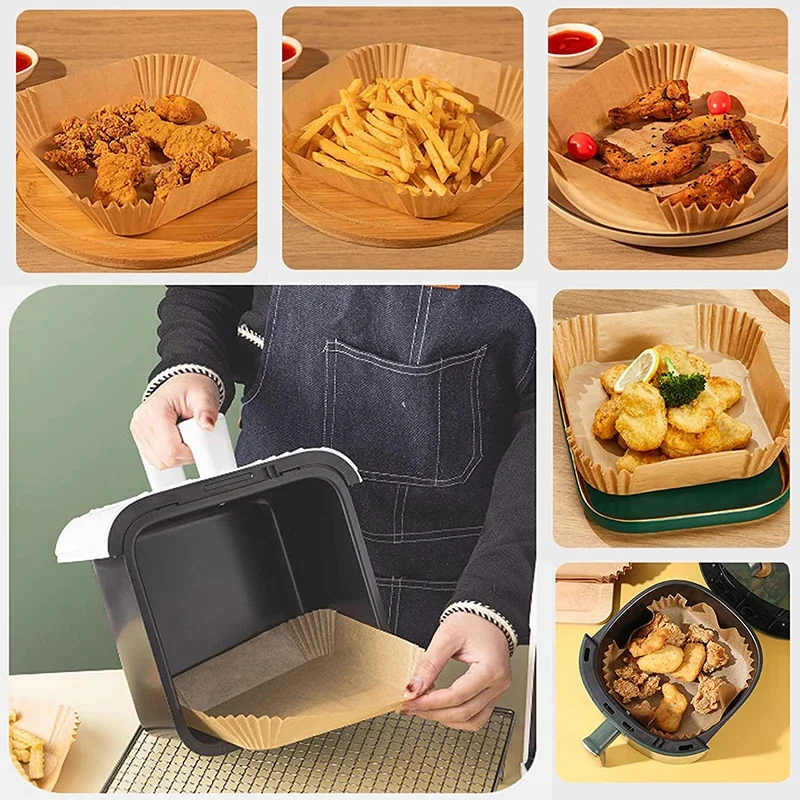 100Pcs Air Fryer Disposable Paper Air Fryer Accessories Square Round Oil-proof  Liner Non-Stick Mat for Kitchen Oven Baking