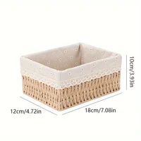 1pc Handmade Rattan Storage Basket, Desktop Rattan Storage Basket with Removable Lace Lining, Suitable for Cosmetic Storage 2