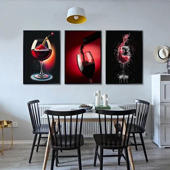Pittura su tela arte moderna Bar ristorante cucina familiare vino rosso bicchiere olio Poster soggiorno parete decorazione della casa
