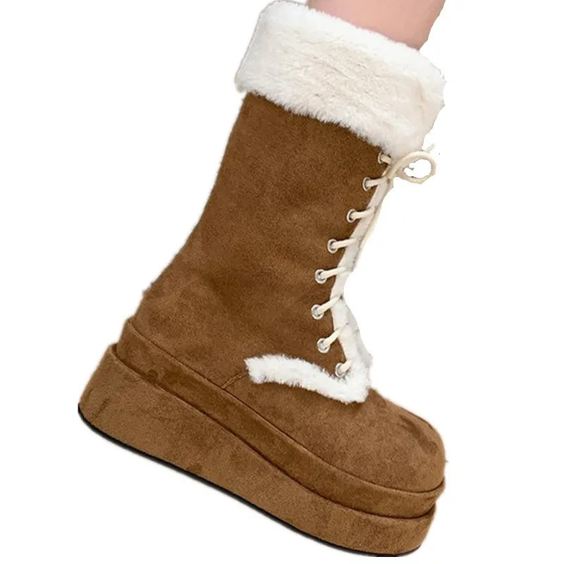 2024 NEW Platform Snow Boots For Women Fur Goth Fashion Comfortable Mid Calf Boots Wedge Casual Winter Warm Shoes Fashion Casual