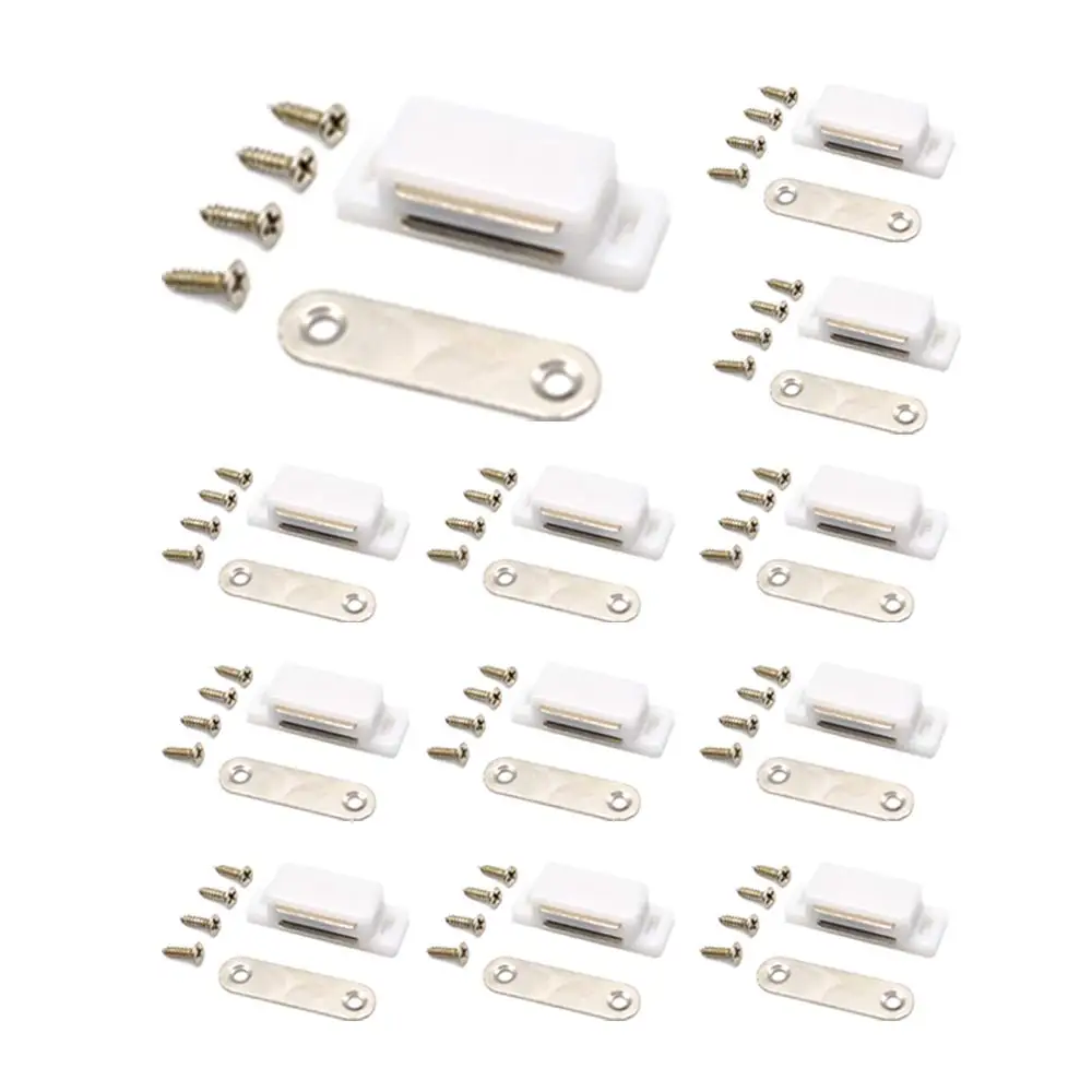 12-Piece Set of White Magnetic Cabinet Door Latch Closures - Durable, Strong Hold