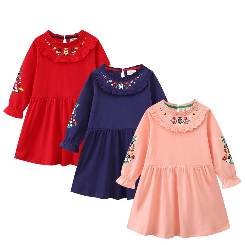 

Jumping Meters 2-7T Princess Girls Dresses Floral Embroidery Autumn Spring Children's Clothing Party Kids Frocks Gifts Baby