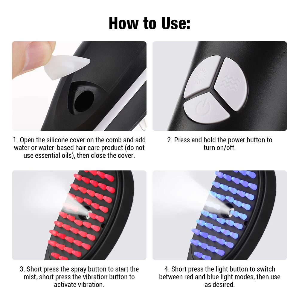 Electric Massage Comb with Blue Red Light Therapy for Hair Growth